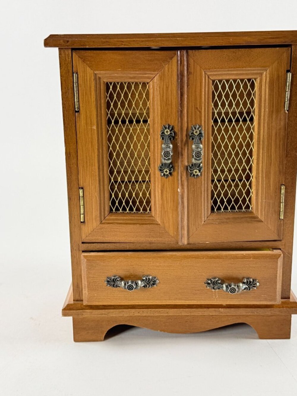 Vintage Wood Jewelry Box Armoire With Drawer Compartments & Mesh Doors